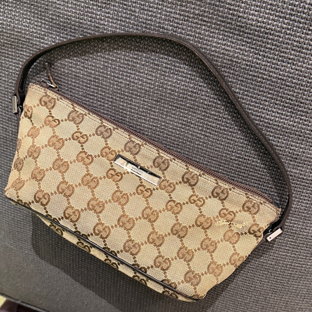 Vintage Gucci Tan and Brown Monogram Clutch / Canvas Boat Pochette